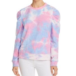 Aqua Pink Blue Puff Shoulder Slimming 100% Cotton French Fleece Sweatshirt SZ S